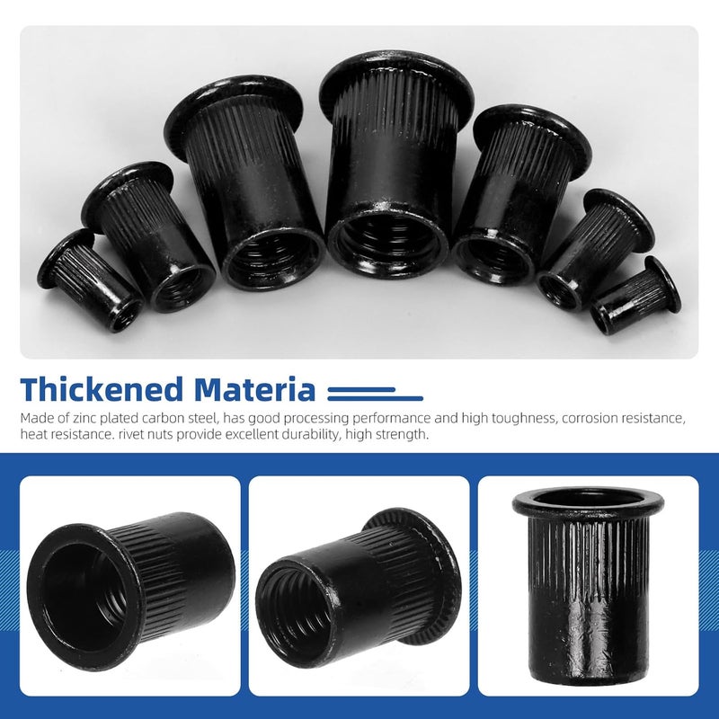 Glarks 100Pcs M3 Rivet Nuts - Black Zinc Plated Carbon Steel Flat Head Rivnut Threaded Insert Assortment Set - Image 4